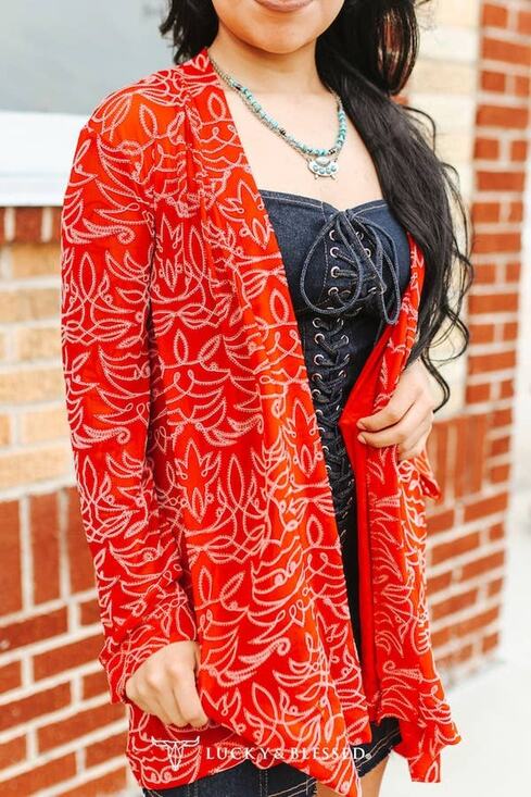 Lucky & Blessed Jackets & Blazers - Red Bandana Print Burnout Mesh Kimono Cardigan